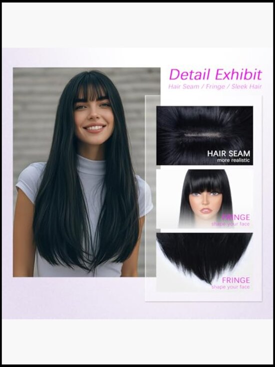 Long Straight Wig with Bangs Heat Resistant Synthetic 24 inch Daily Party main image 4